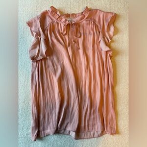 LOFT muted pink sheer top, lightweight. Flutter sleeves, tie at neck. Sz M